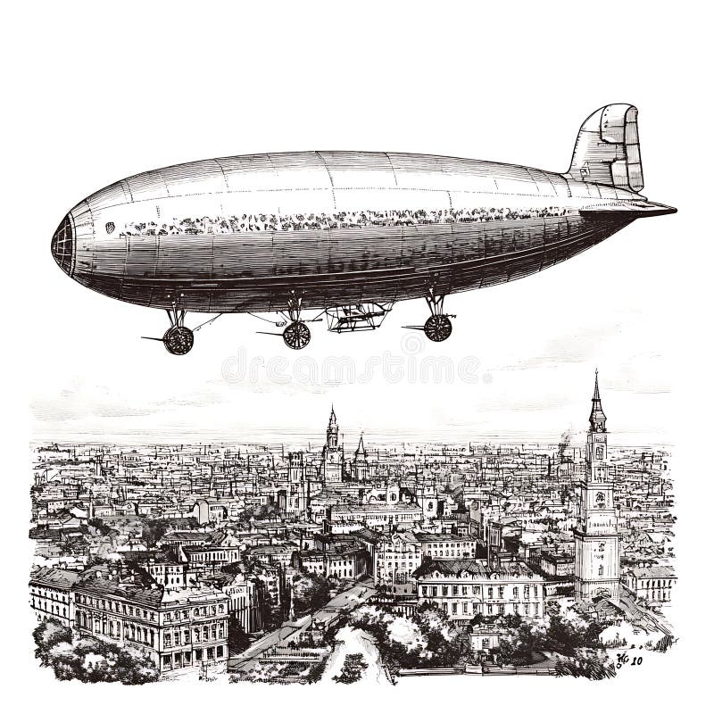 Vintage Illustration der Luftschifffahrt über City Skyline lizenzfreie abbildung