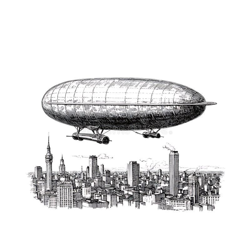 Vintage Illustration der Luftschifffahrt über Stadtbild stock abbildung