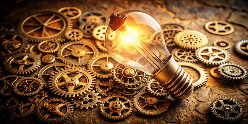Vintage Image Captures Collaborative Innovation Gears Tools и Lightb Symbolize Teamwork and Creative иллюстрация вектора