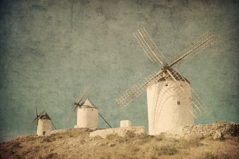 Vintage image of windmills in Consuegra, Spain