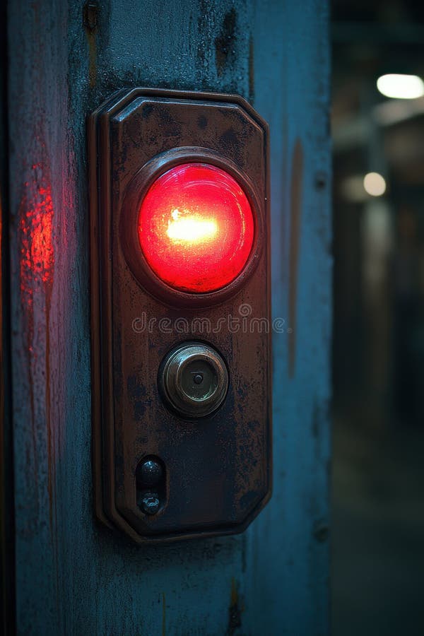 Vintage industrial red light with rusted metal panel in dimly lit warehouse setting vector illustration