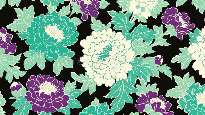 A vintage-inspired, seamless summer pattern with blue and pink flowers on a black backdrop. Created with Stock stock images