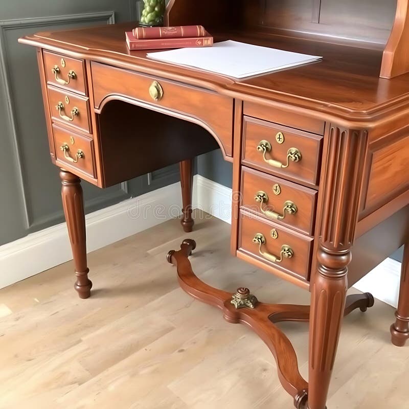 A vintage inspired writing desk with brass hardware and intricate wood details stock illustration