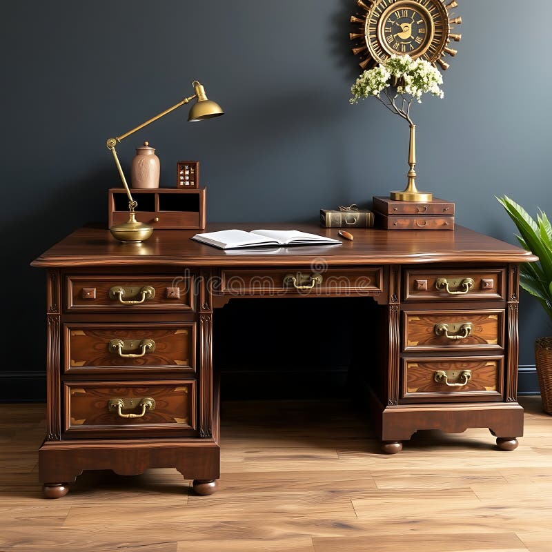 A vintage inspired writing desk with brass hardware and intricate wood details vector illustration