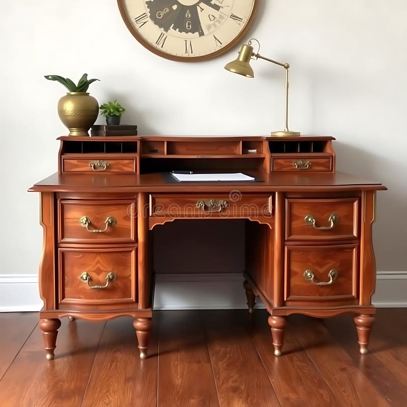 A vintage inspired writing desk with brass hardware and intricate wood details royalty free illustration