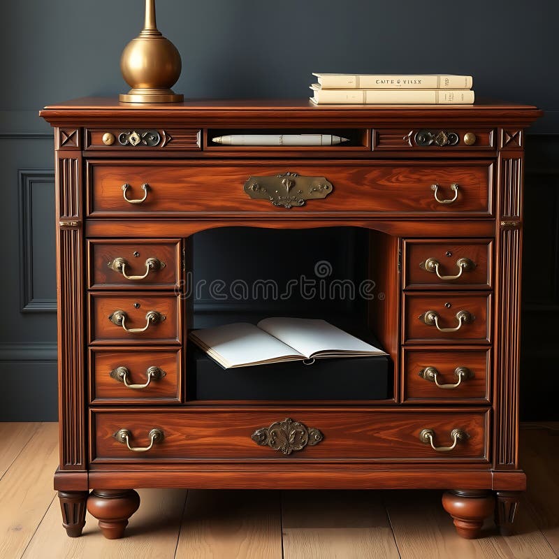 A vintage inspired writing desk with brass hardware and intricate wood details stock illustration