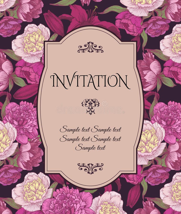 Vintage invitation card with hand drawn pink and white peonies, red lilies, can be used for baby shower, wedding, birthday and oth vector illustration Vintage invitation card with hand drawn pink and white peonies, red lilies, can be used for baby shower, wedding, birthday and oth vector illustration