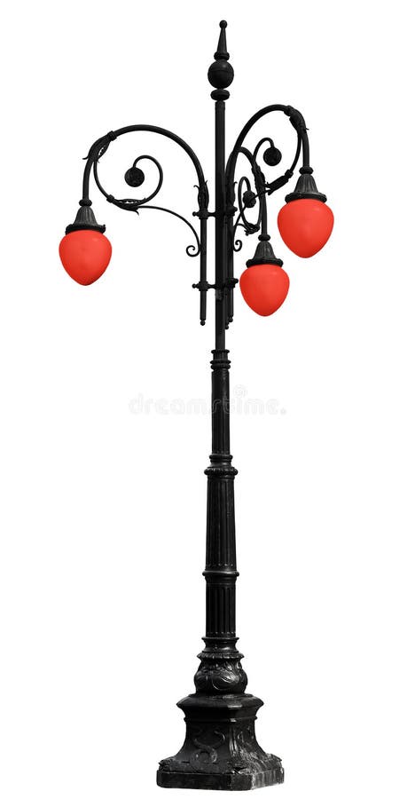 Vintage iron lamppost with red light isolated on white