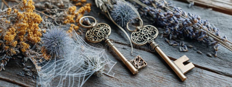 Vintage Keys and Webs : Halloween Flat Lay stockfoto