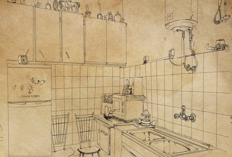 A Vintage 50s Kitchen with Vintage Background Stock Illustration Illustration of kitchen