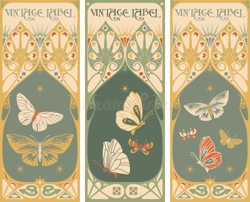 Vintage labels: butterfly - art nouveau frame