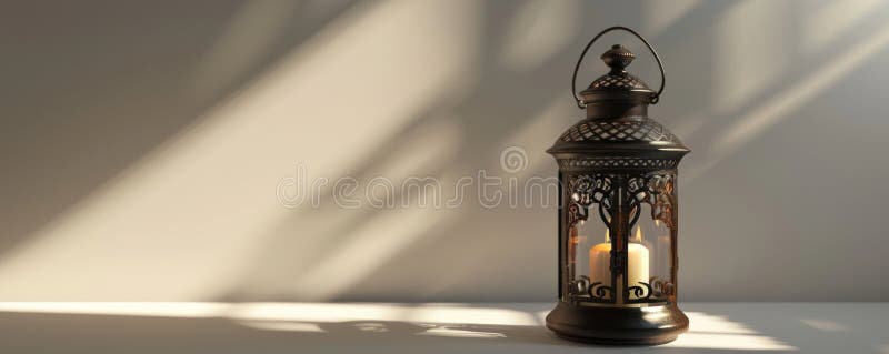Vintage lantern casting shadows on a wall, soft warm light. Cozy atmosphere and rustic decor concept royalty free stock image