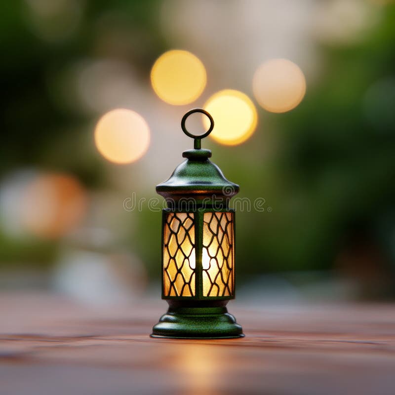 Vintage lantern intricate metalwork glowing warmly against soft bokeh background symbolizing spirituality tradition Ramadan vector illustration