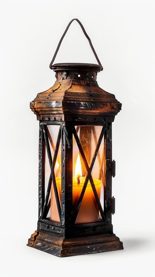Vintage lantern with lit candle on white background royalty free stock photo