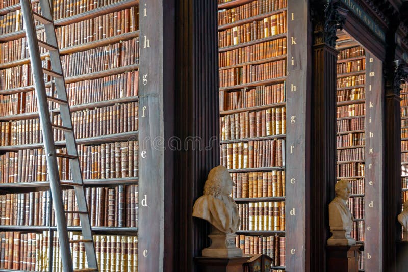 Vintage library with shelves of old books in the Long Room in the Trinity College