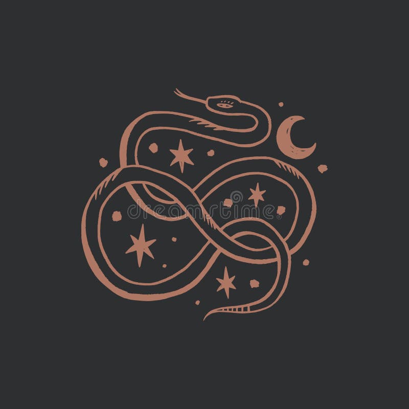 Vintage line art elegant knot snake. Witchcraft culture concept. Harmony and zen. Crescent moon magic symbols. Elegant