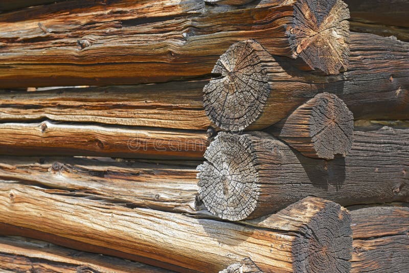 Vintage log cabin in old mining town in the mountains royalty free stock photo