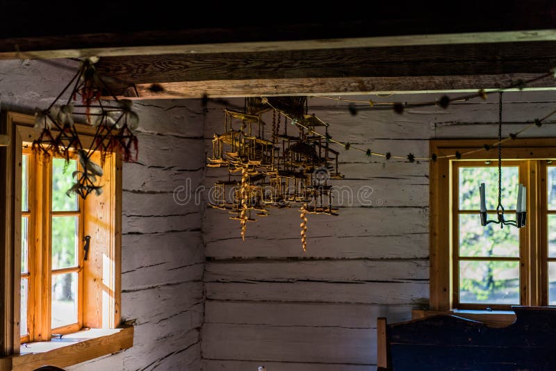 Log house interior with windows and decorative ethnographic design. Rustic wooden log house stock images, royalty-free photos and pictures