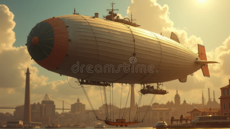 Vintage Luftschiff über City bei Sonnenuntergang vektor abbildung