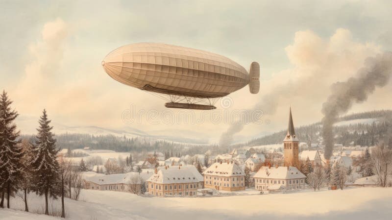 Vintage Luftschiff über schneebedecktes Winterwunderland lizenzfreie abbildung