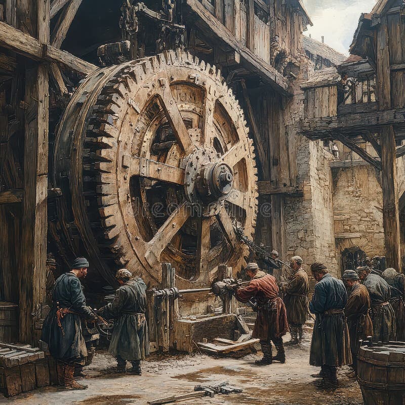 Vintage Machinery Workshop with Large Gear and Workers in Action stock images