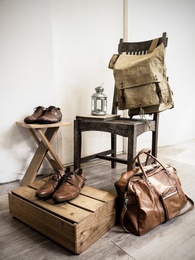 Vintage Male Clothing Brown Wingtip Leather Shoes, Vintage Leather  Messenger Bag ,Vintage Gray Jacket, And Fedora Hat Stock Photo, Picture and  Royalty Free Image. Image 24027522.