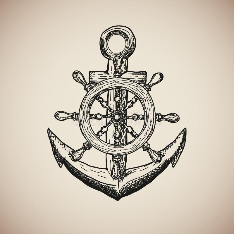 Vintage Marine Anchor with Steering Wheel Engrave. Vector Stock Vector -  Illustration of anchor, heavy: 84208257