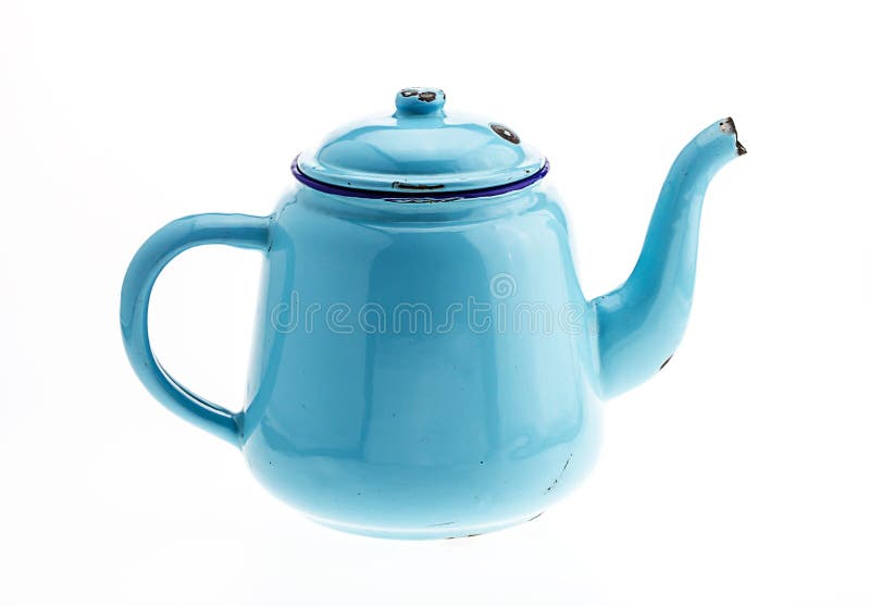 Vintage Metal Old Blue Kettle, Isolated on White Background, Retro