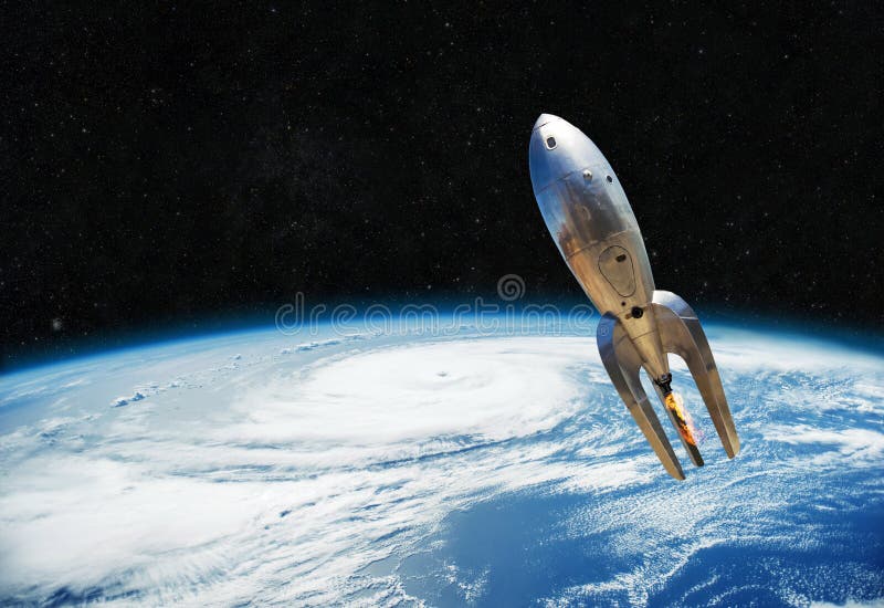Vintage metal spaceship is flying near the earth.