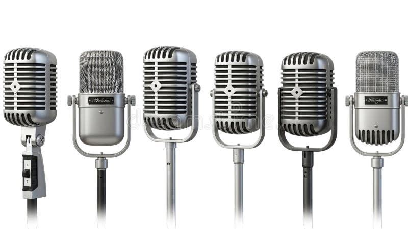 Vintage microphones in a row stock illustration