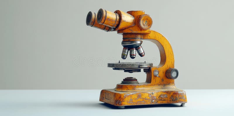 This vintage microscope boasts an intricate design and warm color tones, set against a plain and simple background stock photo