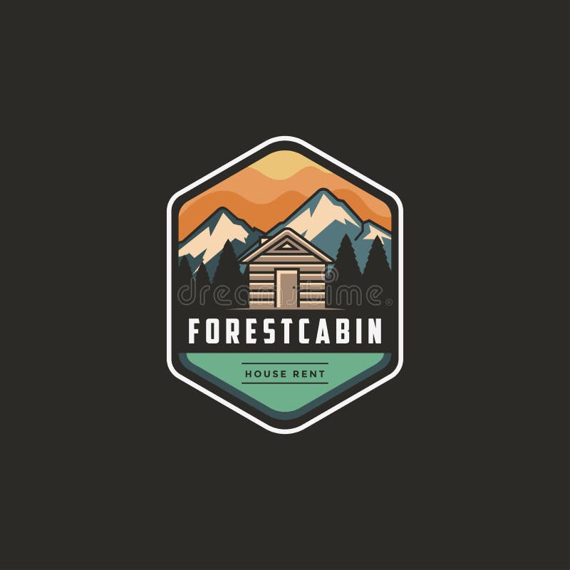 Vintage modern outdoor emblem logo with Mountain view and cabin house in forest