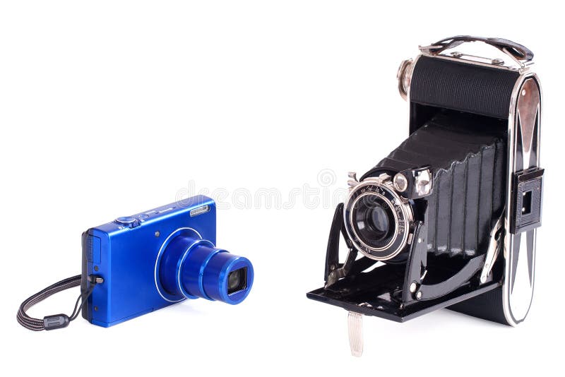 Vintage and modern photography camera stock photo