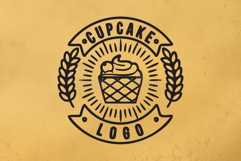 Vintage mono line cupcake and wheat, bakery logo Designs Inspiration vector illustration