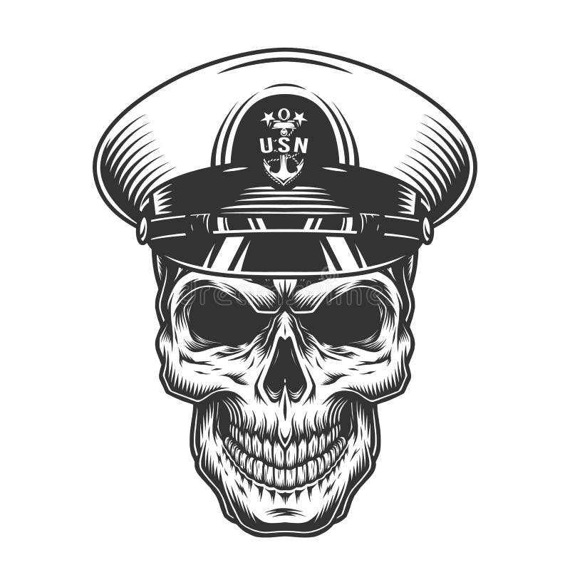 Starodávný vojenský lebka v válečné loďstvo důstojník klobouk vektor ilustrace.
