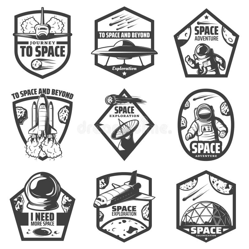 Vintage Monochrome Space Labels Set vector illustration Vintage Monochrome Space Labels Set vector illustration