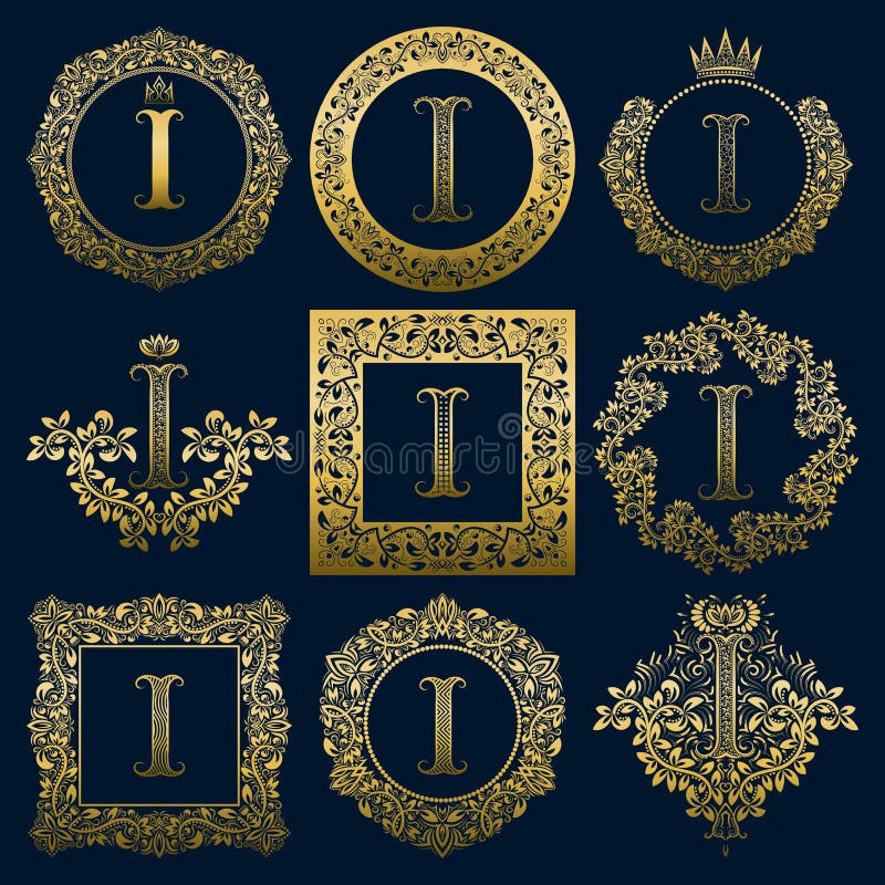 Vintage Monograms Set of I Letter. Golden Heraldic Logos in Wreaths