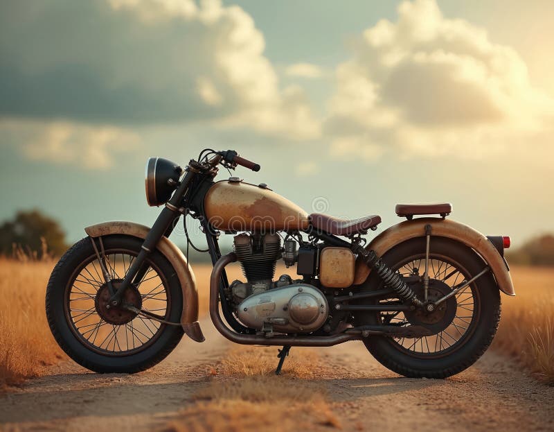 Vintage motorcykel på landsväg under dramatisk himmel. Klassisk motorcykel väcker känslan av äventyrsfrihet när man reser. Klassis stock illustrationer