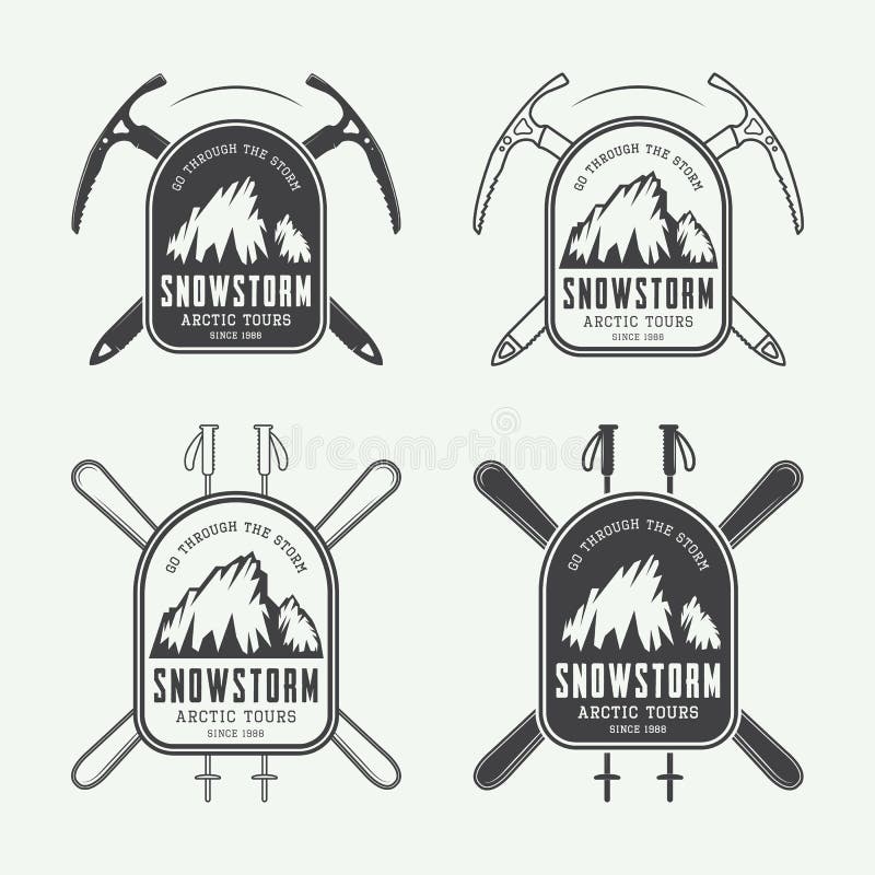 Vintage mountaineering and arctic expeditions logos, badges