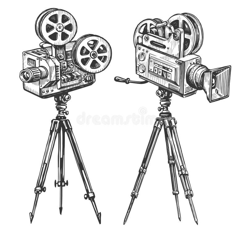 Retro Film Camera With Film On Tripods Hand Drawn Video Camera Vintage  Vector Illustration Stock Illustration - Download Image Now - iStock