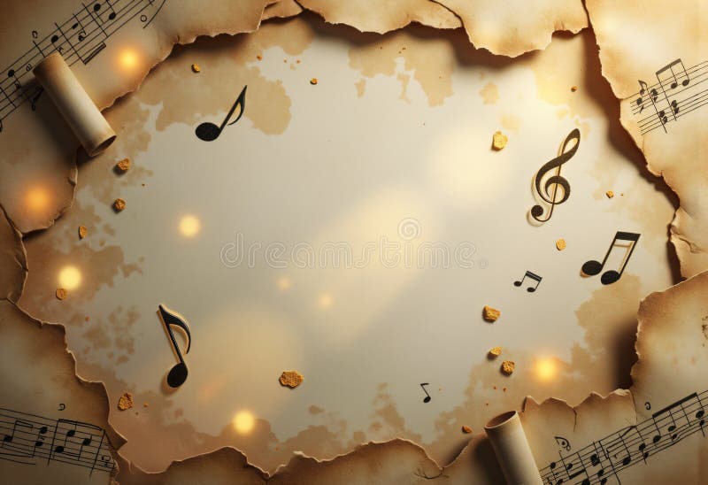 Vintage musical parchment background with notes and glowing atmosphere stock photography