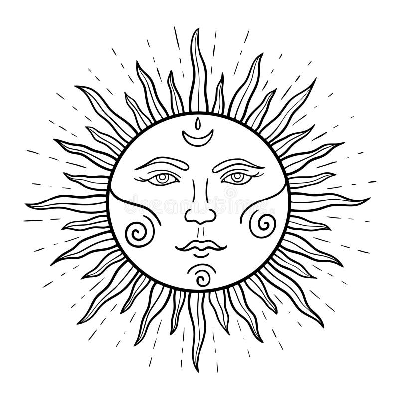 Vintage Mystical Boho Sun in a Linear Style. Stock Vector ...