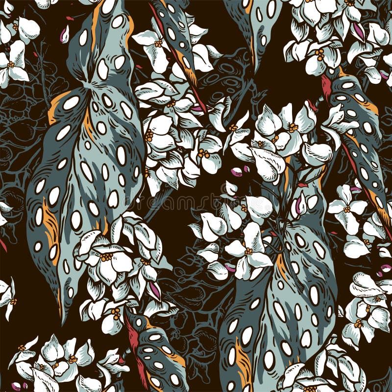 Vintage natural tropical seamless pattern with blooming begonia maculata