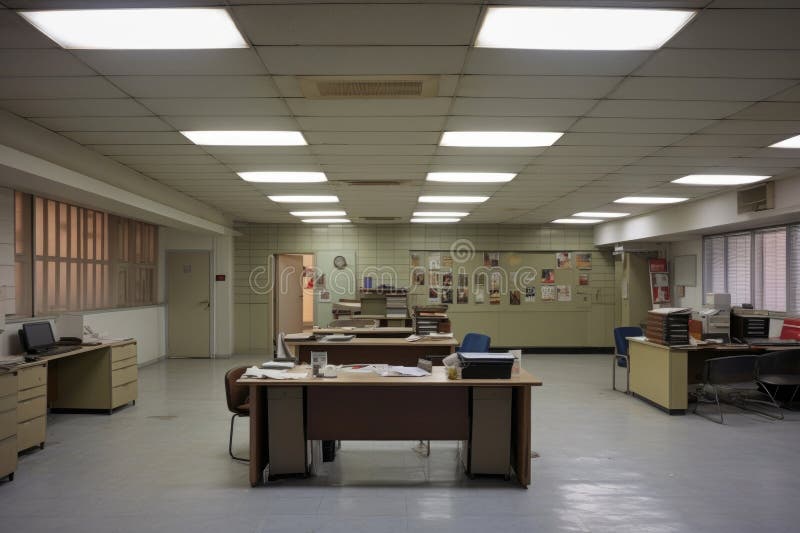 Vintage Office Space with Desks and Computers Stock Illustration