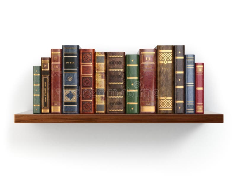 Vintage old books on shelf isolated on white.