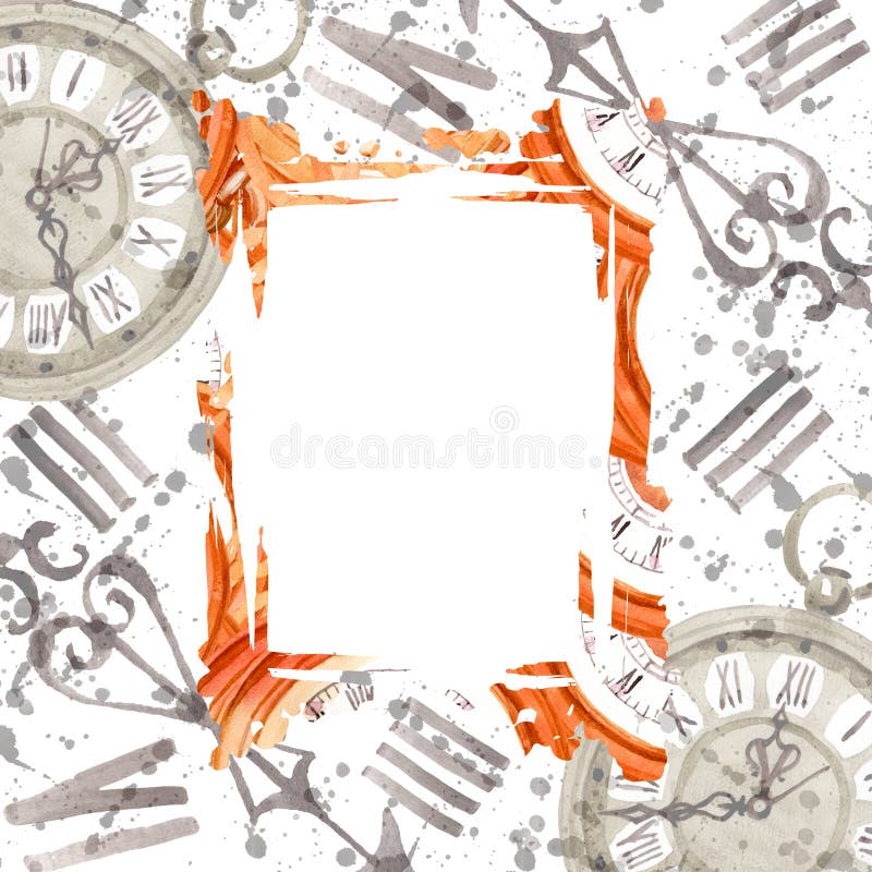 Vintage old clock pocket watch. Watercolor background illustration set. Frame border ornament square. royalty free illustration Vintage old clock pocket watch. Watercolor background illustration set. Frame border ornament square. royalty free illustration