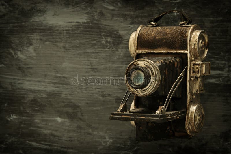 Vintage Old Decorative Camera on Black Background Stock Photo Image