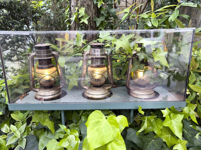 Vintage old lanterns as decorations in front yard with green ivy stock photos
