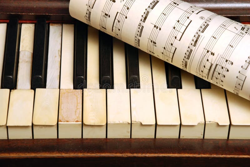 Vintage Old Piano and Sheet with Music Notes Stock Photo - Image of