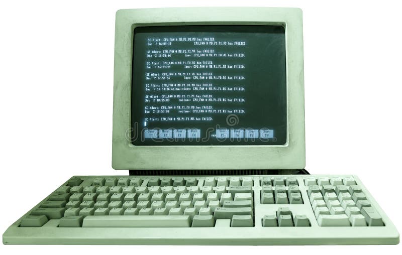 Vintage old working computer with the text on the monitor isolate on white background